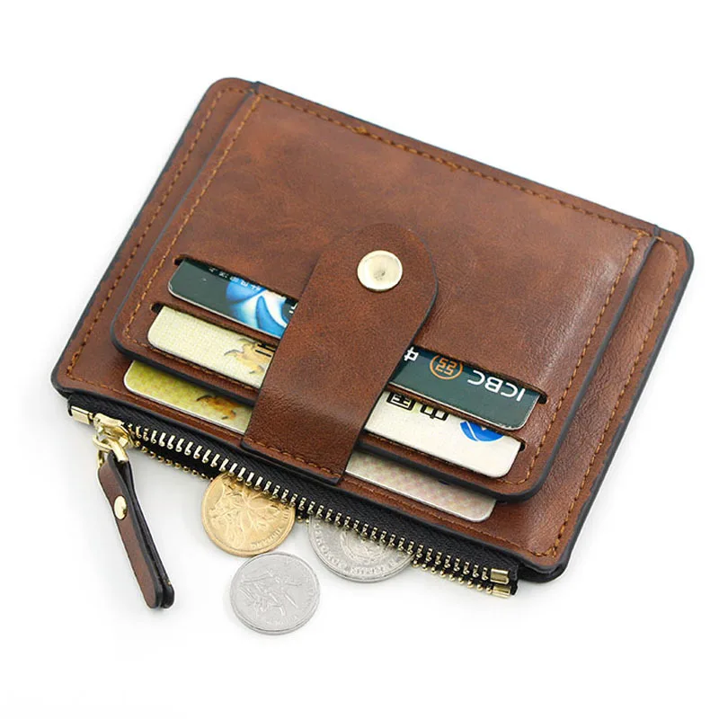 Cartera con tarjetero para tarjetas de identificación y crédito a la moda para hombre, Cartera de cuero delgada para hombre con bolsillo para monedas, monedero de negocios marrón de diseñador de marca