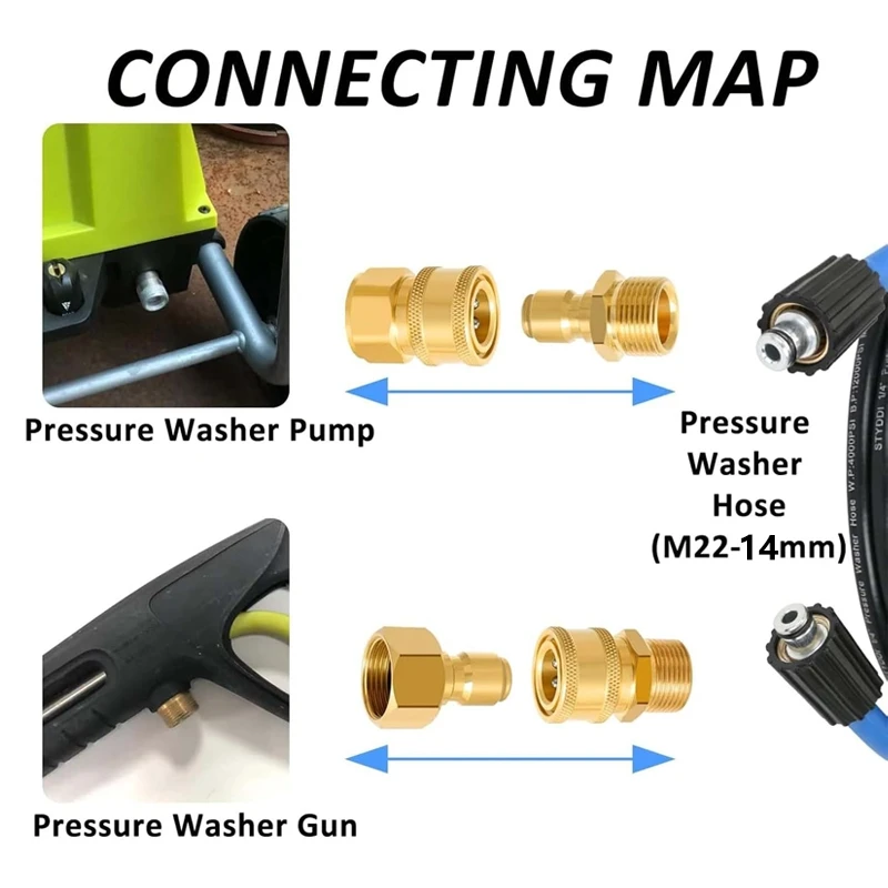 ทองเหลือง M22-14mm/15 มม.ถึง 1/4 นิ้วเครื่องซักผ้าความดันอะแดปเตอร์ชุด Quick Connection & Disconnect สําหรับเครื่องซักผ้าท่อปั๊ม 5000 PSI