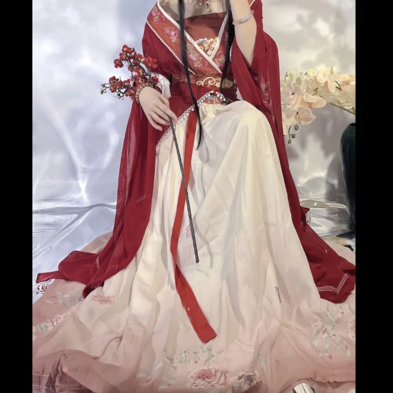 Retro สไตล์จีนสีแดง Vestido Hanfu ชุดคอสเพลย์ผู้หญิงแบบดั้งเดิมพิมพ์กระโปรงยาว 5 ชิ้นชุดสาวปาร์ตี้ชุดกระโปรง
