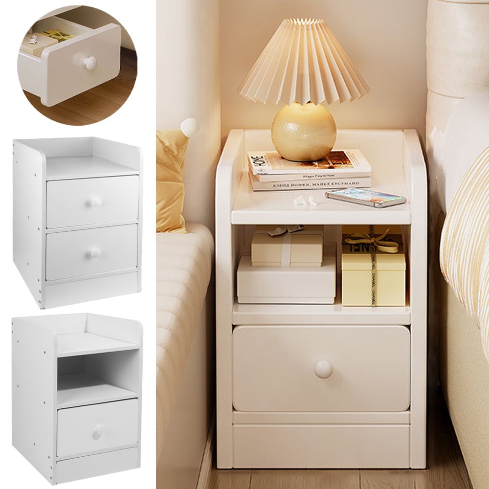 Double Drawer Night Table, White Bedside Table, Small Footprint, Durable And Sturdy, Smooth Rounded Edges And Corners