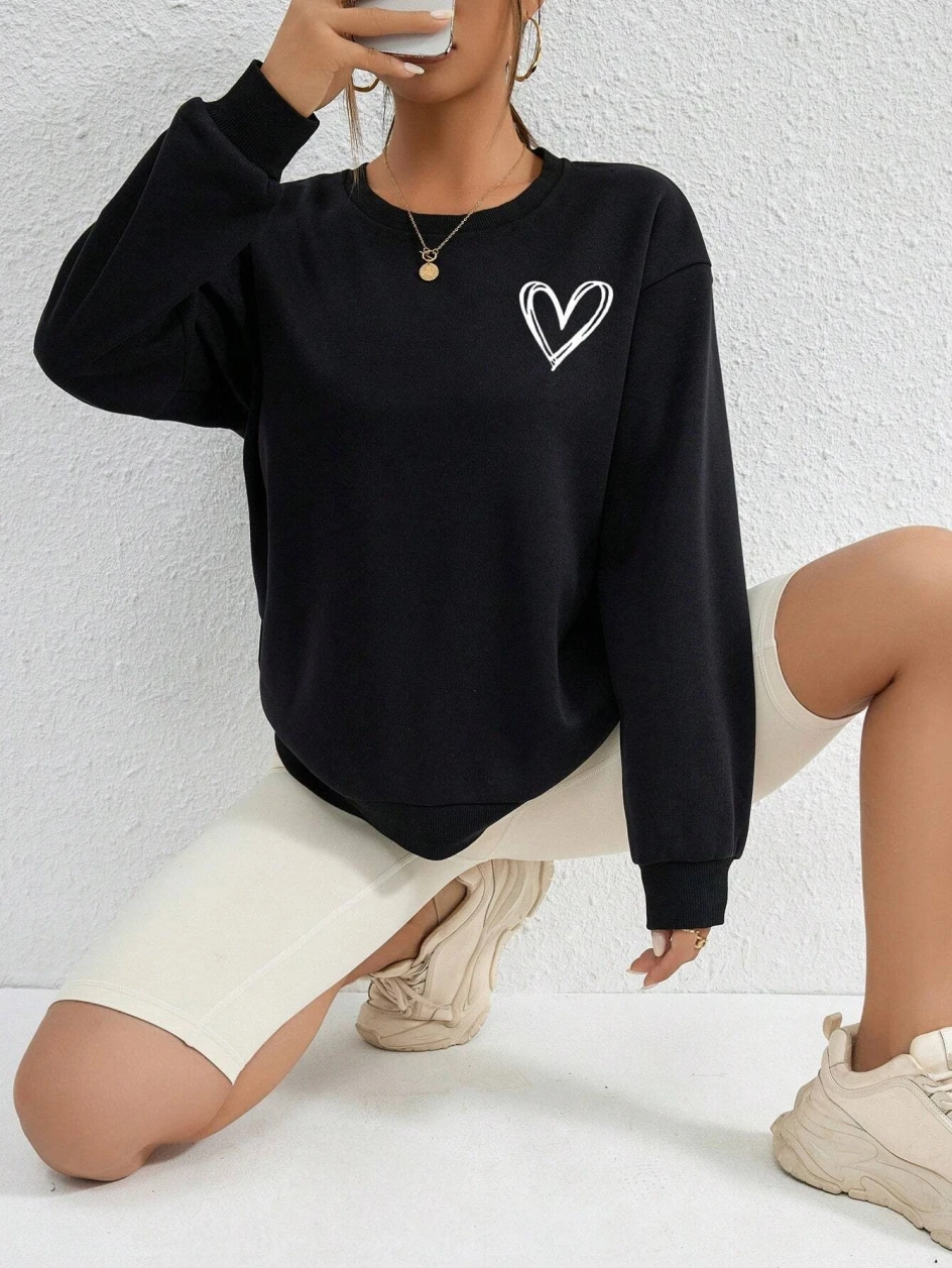 Sudaderas con estampado de corazón Simple para mujer, sudaderas con capucha informales y cómodas con cuello redondo, ropa deportiva cálida de lana holgada
