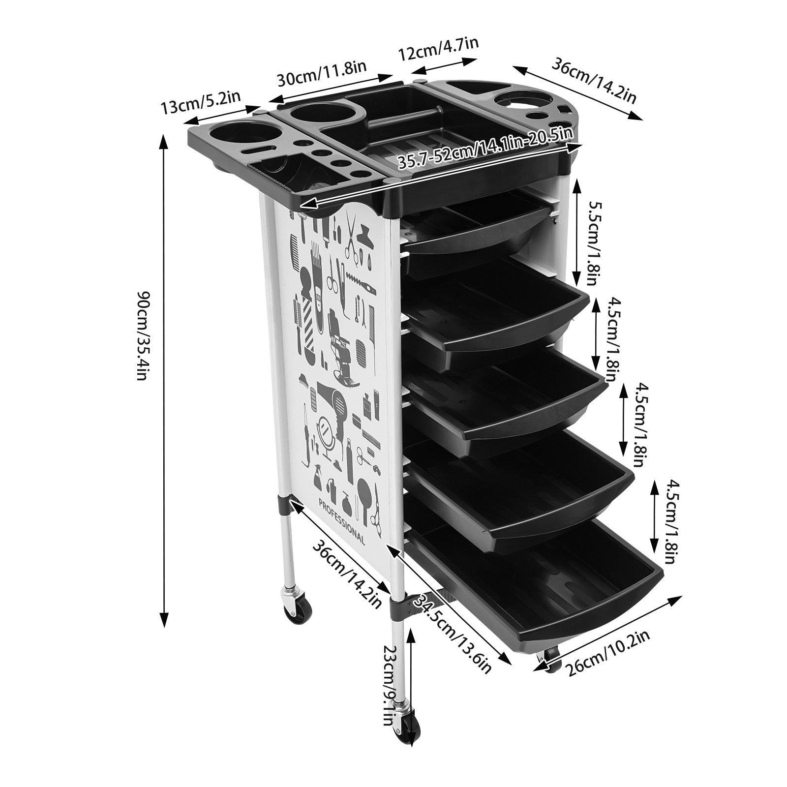 Beauty Friseurwagen mit 5 Schubladen, tragbarer Trolley, robuster, multifunktionaler Plattformwagen, Bodenmontage