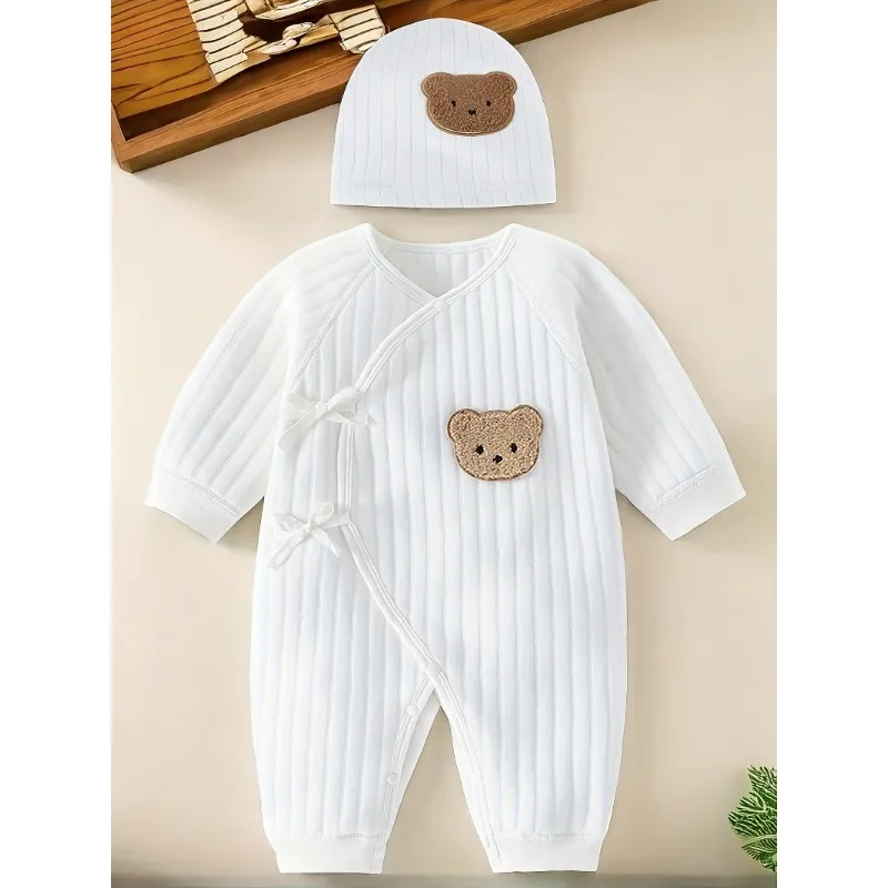 Mono de algodón con gorro para bebé, pelele bonito para todas las estaciones, con dibujo de oso