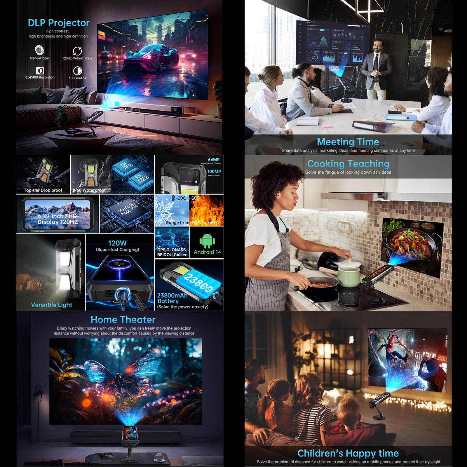 Unihertz 8849 Tank 2 Pro teléfono resistente 12GB + 512GB proyector de visión nocturna 6,79 "FHD Android 14 100MP 23800mAh 4G Smartphone