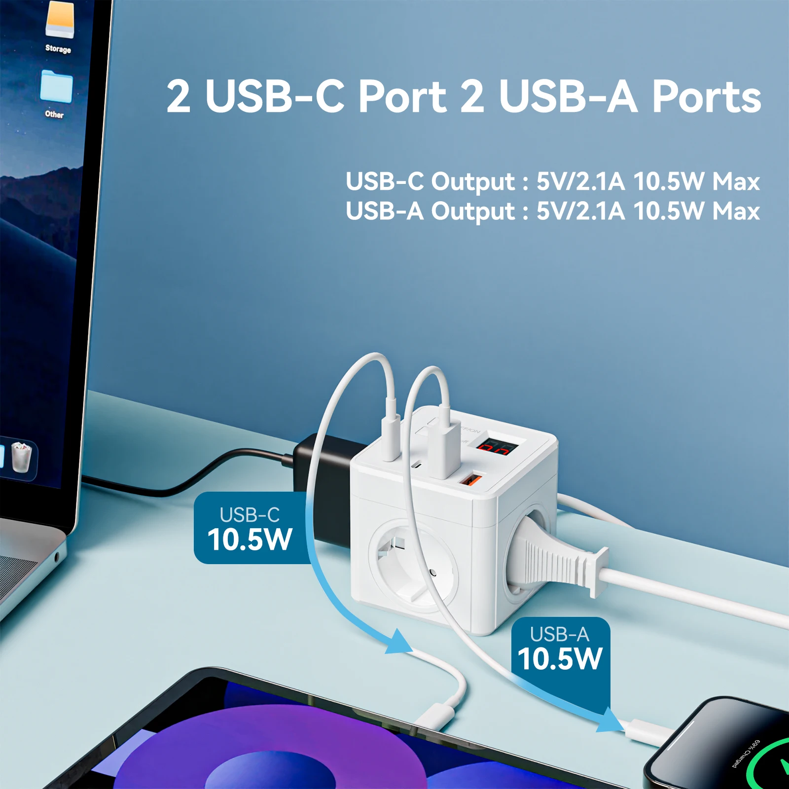 1 multiprise ue 7 en 1, protection contre les surtensions, rallonge de 1,5 m, 3 prises CA 3 USB 1 type-c, charge de bureau chronométrée