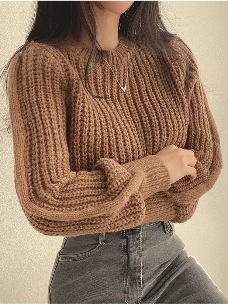 Lose Vintage Harajuku Laterne Langarm Frauen Pullover Koreanische Herbst Winter Strickwaren Weiche Warme Tops Chic Solide Femme Pullover