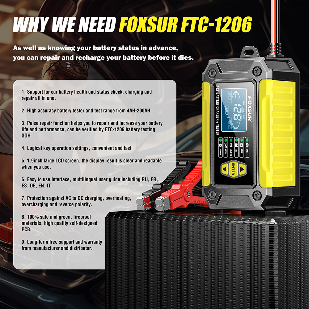12V 2-in-1 スマートカーバッテリー充電器とテスター車オートバイバッテリーアナライザー鉛酸 AGM ゲルリチウム LiFePo4 電池用