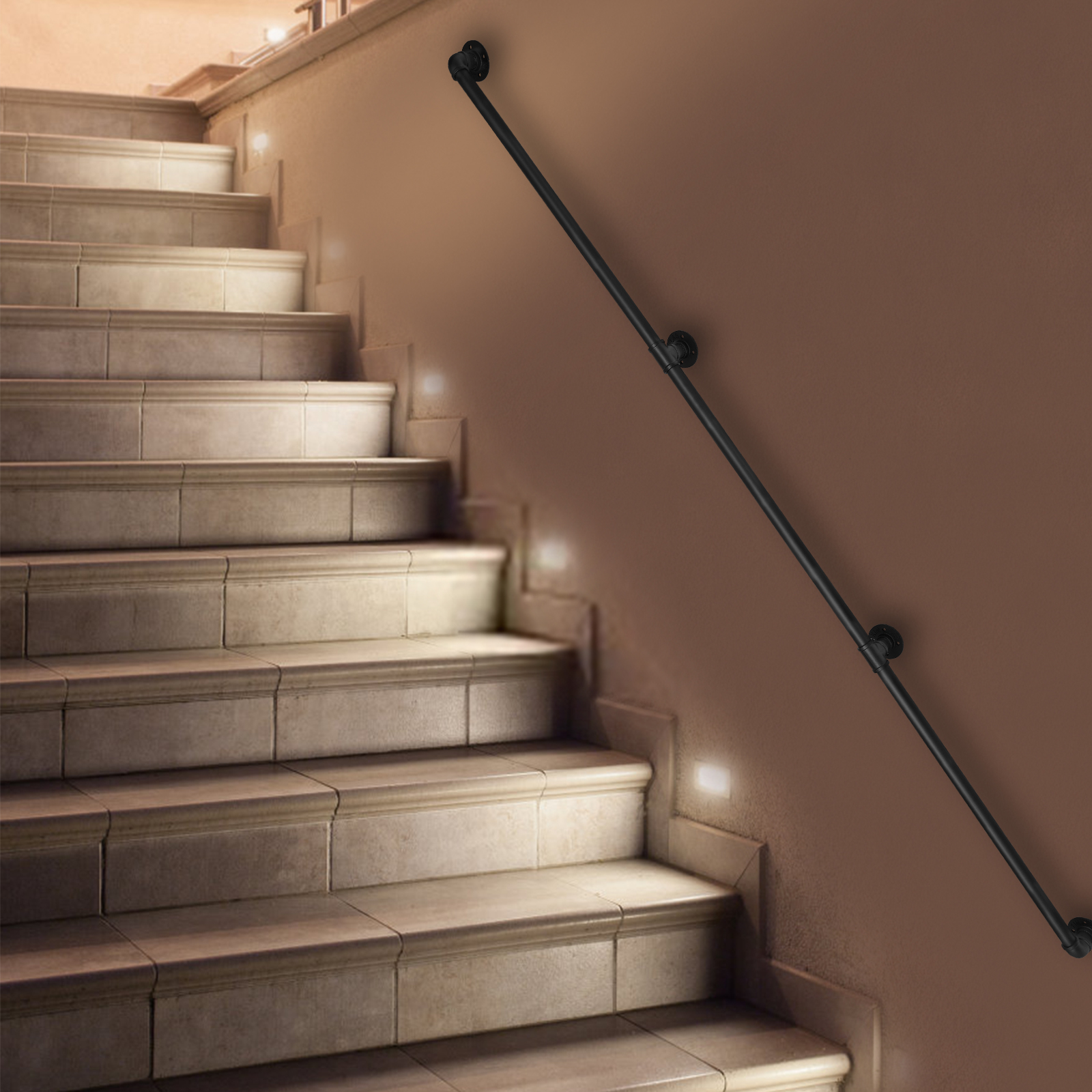 Pasamanos de escalera de 3-12 pies, montaje en pared, barandilla de escalera de Metal, barandilla de tubería Industrial antideslizante para interiores y exteriores, negro, esquina redonda