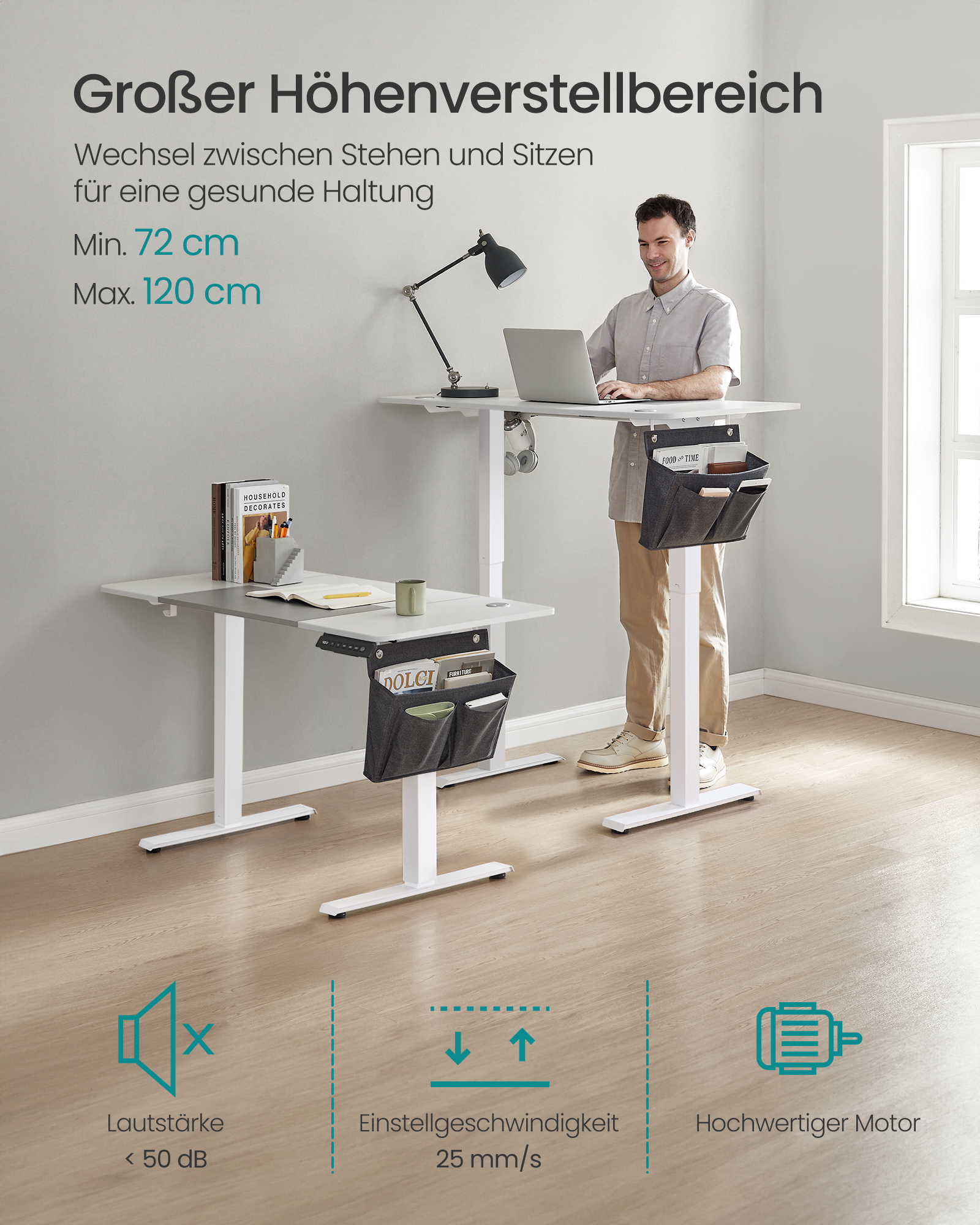 SONGMICS In hoogte verstelbaar bureau elektrisch, 60x120 x (72-120) cm, continu verstelbaar, gesplitste plaat