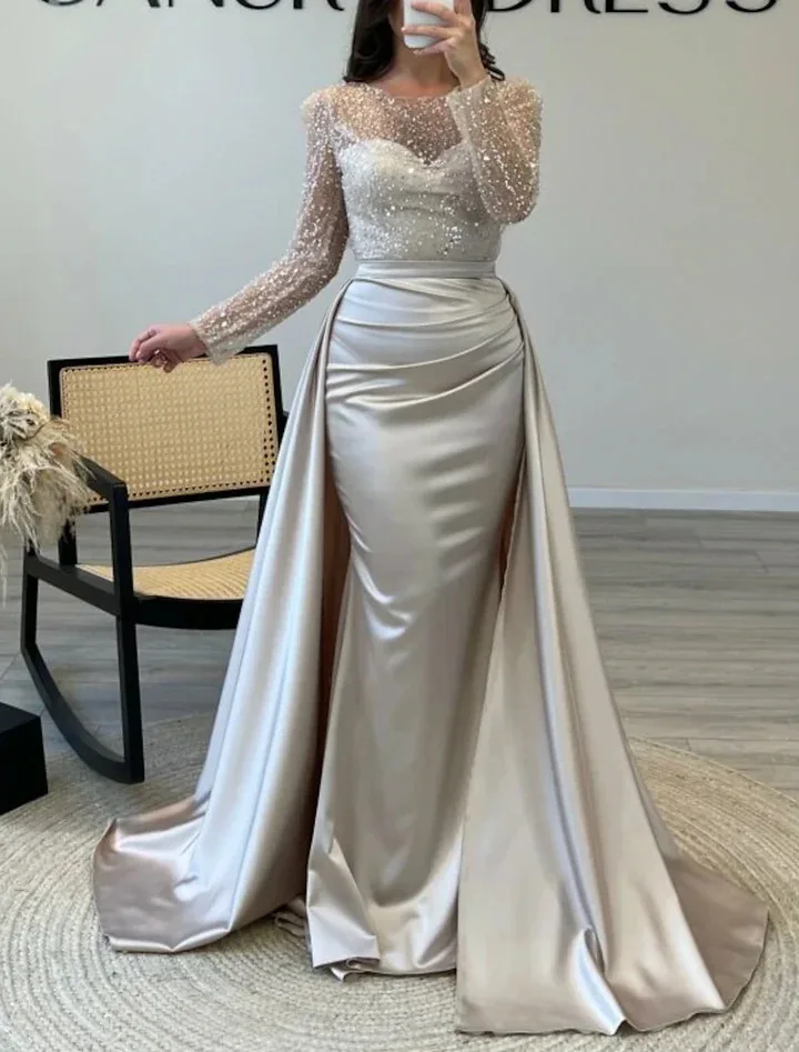Luxus Pailletten Abend Party Kleid Frauen Mode Langarm Plissee A-linie Formale Prom Kleid Chic O Kragen Kleid Bankett Kleid