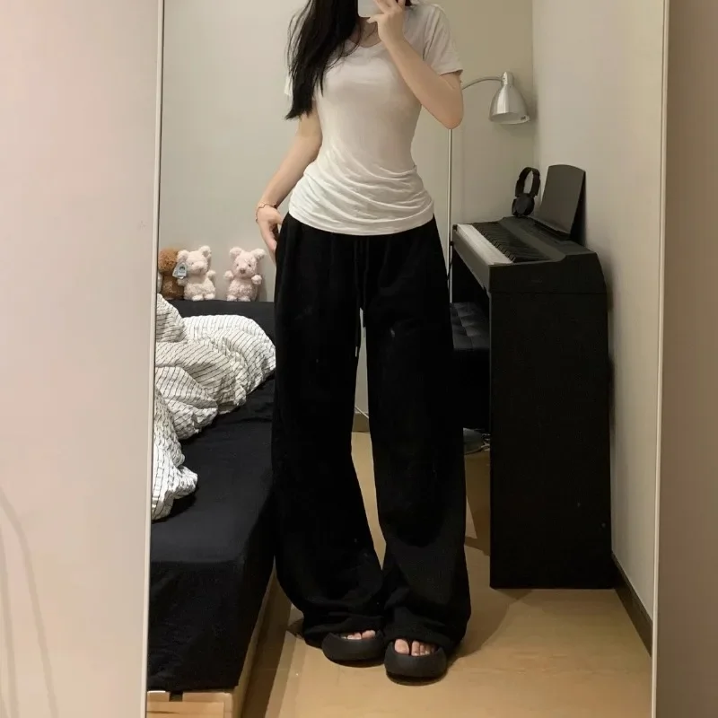 Deeptown 여성용 그레이 스웻팬츠 와이드 레그 팬츠, 캐주얼 오버사이즈 스포츠 바지, 한국 패션 스트리트웨어, 빈티지 스트레이트 조거