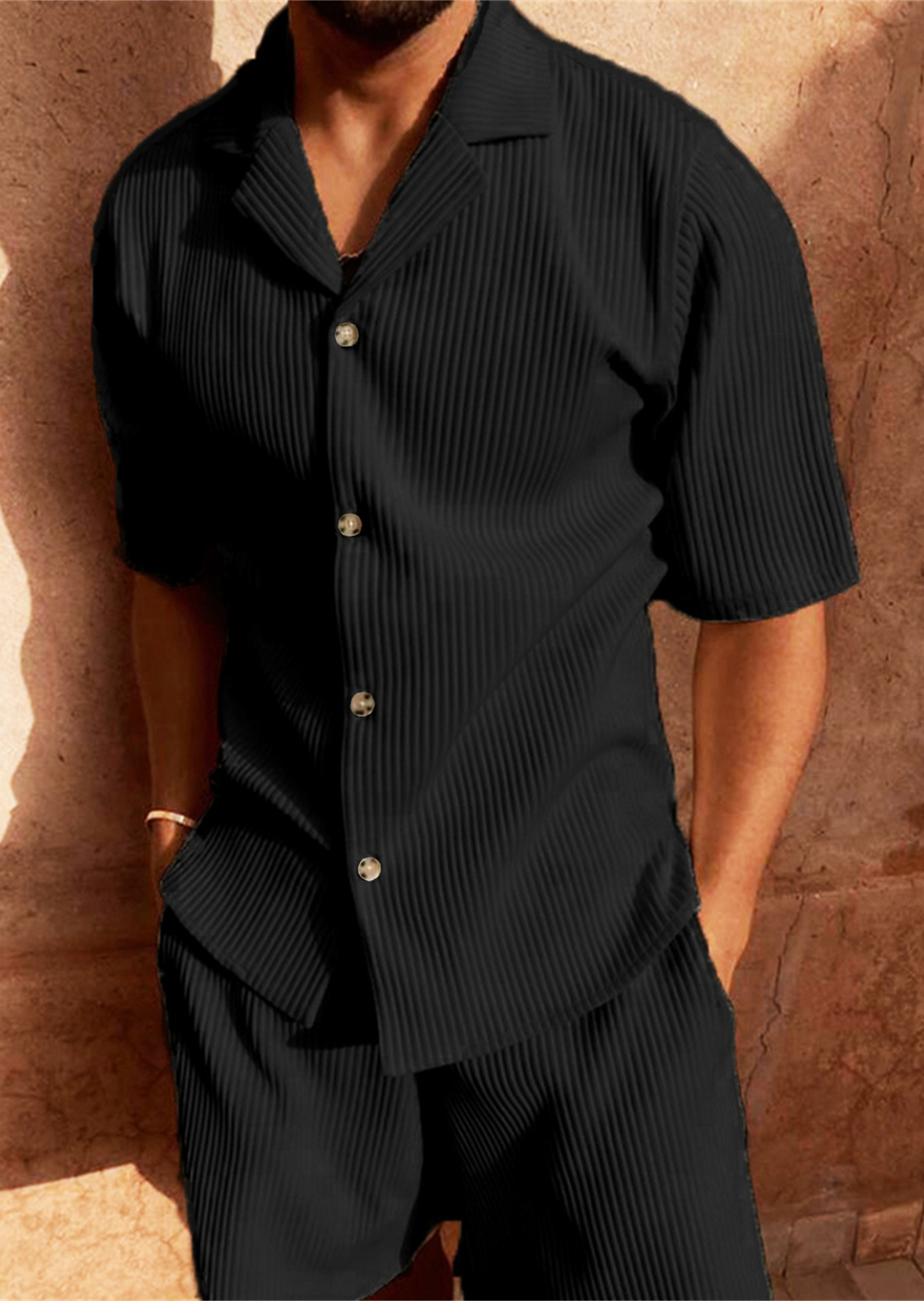 Nouveaux hommes velours côtelé décontracté à manches courtes chemise Shorts costume plage Style décontracté revers col course formation costume