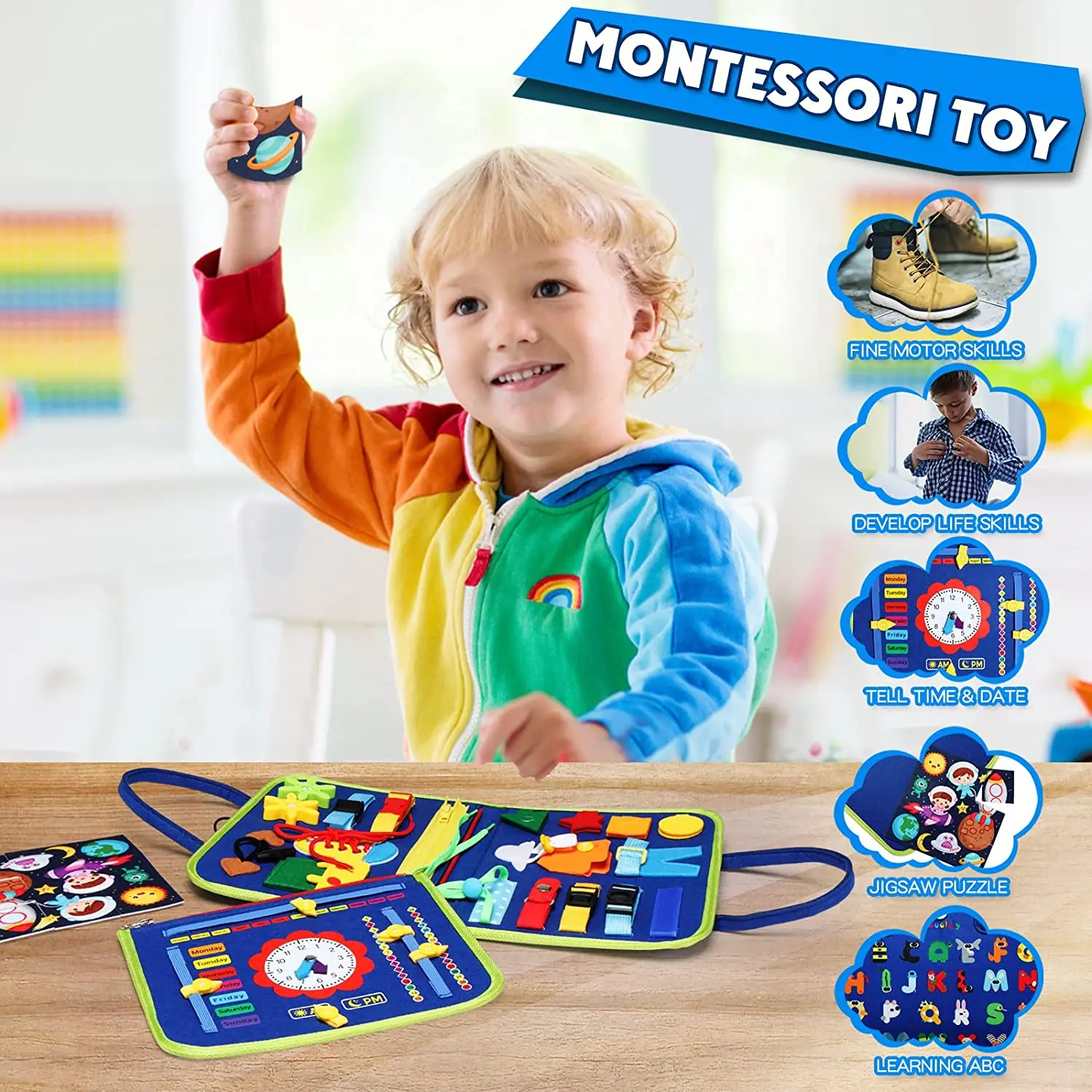 Giocattoli Montessori Scheda occupata Scheda di sviluppo di attività sensoriale per abilità motorie, Scheda di apprendimento per i più piccoli Regalo di Natale