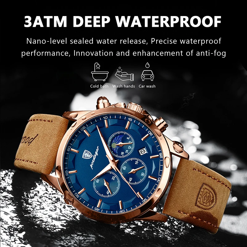Reloj POEDAGAR de cuero genuino para hombre, cronómetro con calendario luminoso a la moda, reloj masculino resistente al agua con fase lunar, reloj de pulsera de cuarzo para hombre