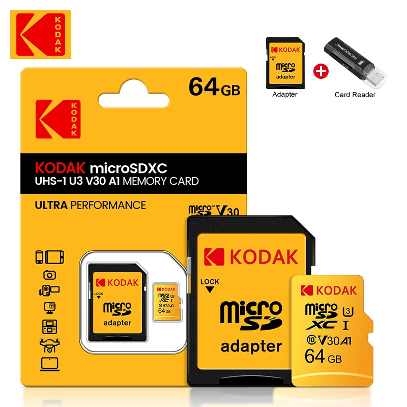Карта памяти Kodak Micro SD, класс 10 64 ГБ U3 4K, высокоскоростная флэш-память Cartao De Memoria TF Mecard C10 для кард-ридера