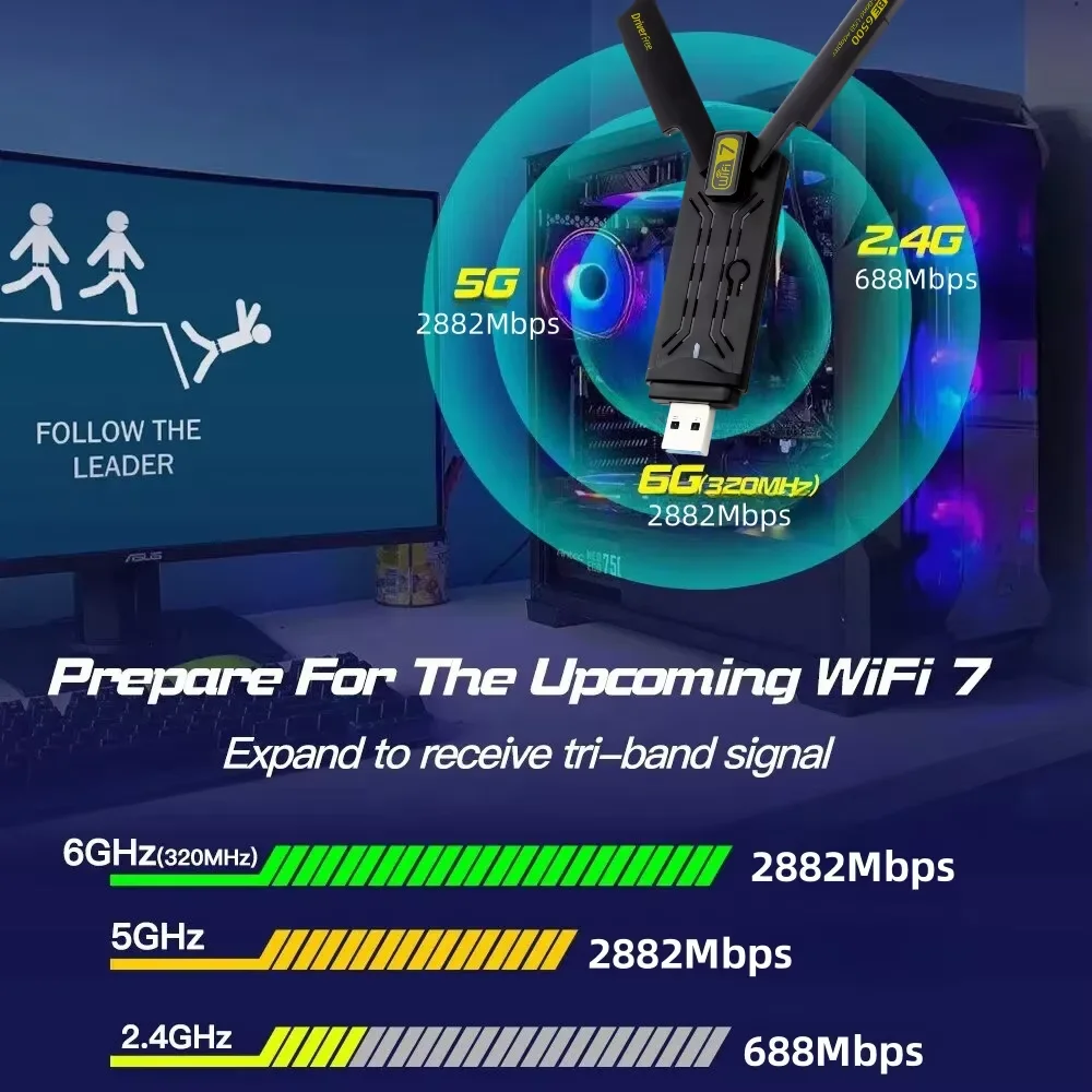 Адаптер Wi-Fi 7 Ethernet, 6500 Мбит/с, USB 10/11 ,WiFi 7 Ethernet Adapter 6500Mbps USB 3.0 Wireless Network Card Triple Band Receiver For PC/Laptop Windows 10/11 Driver Free