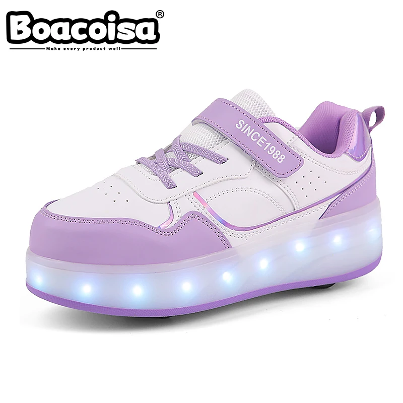 Boacoisa 4 rodas sapatos de skate para meninas crianças piscando luz esporte led luz luminosa tênis ao ar livre casual crianças meninos