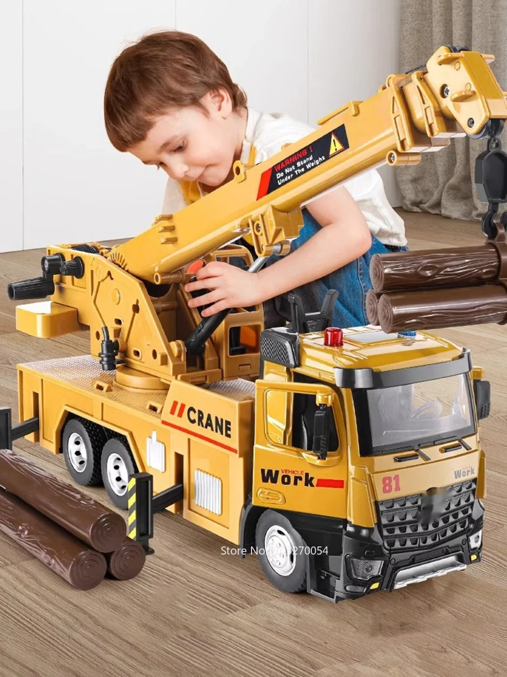 Camión de trabajo con grúa, modelo de juguete, coche de aleación fundida, puertas de vehículos de ingeniería, sonido abierto, luz, neumático de goma, juguete de cumpleaños para niños, 1/18