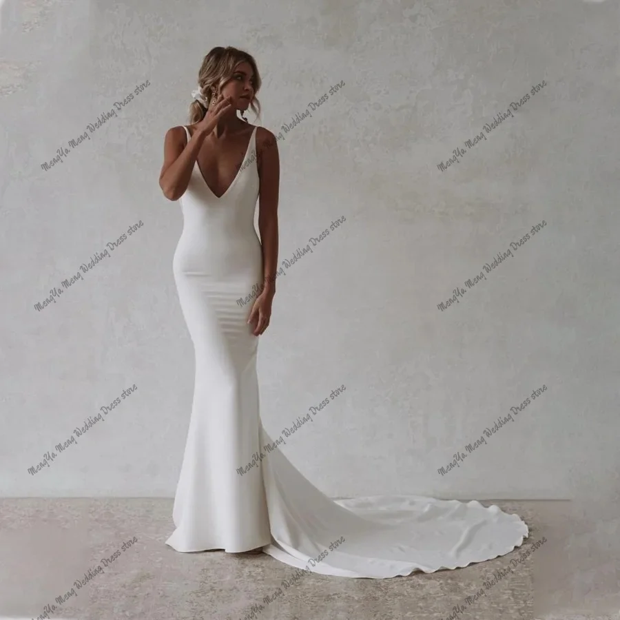 Elegante bainha sereia vestido de casamento com ousado decote em v hipnotizante vestido de noiva sem costas com alças finas vestido de festa