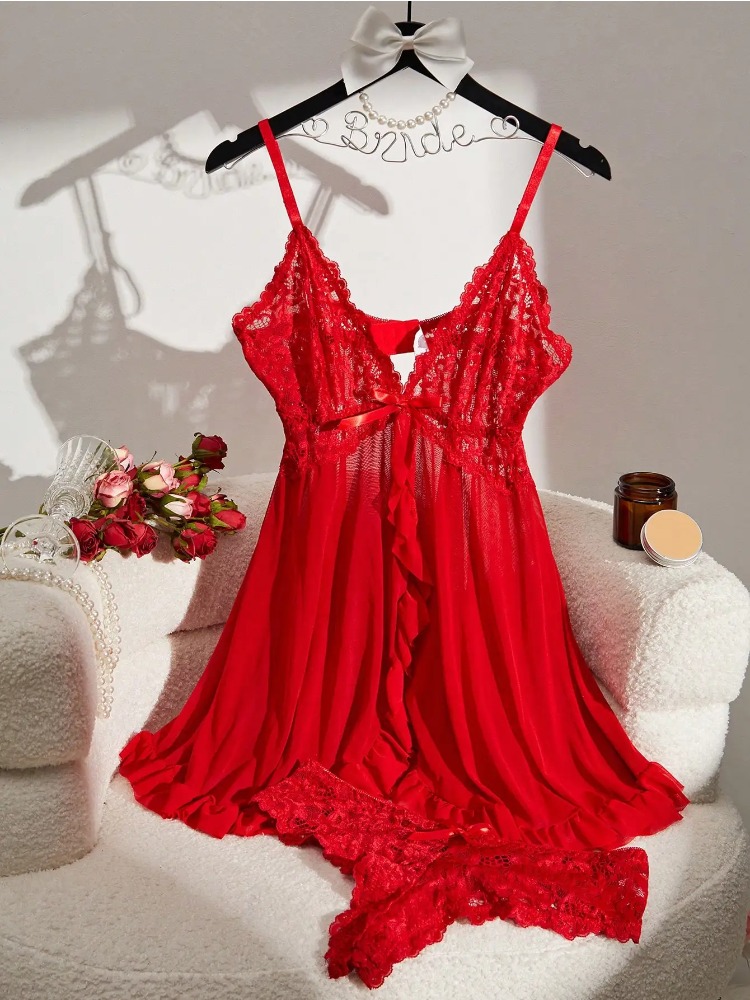 Toucheart-Camisón de encaje en contraste para mujer, vestido con escote en V profundo y espalda descubierta, pijama de encaje con abertura transparente, conjunto de 2 piezas con Tanga
