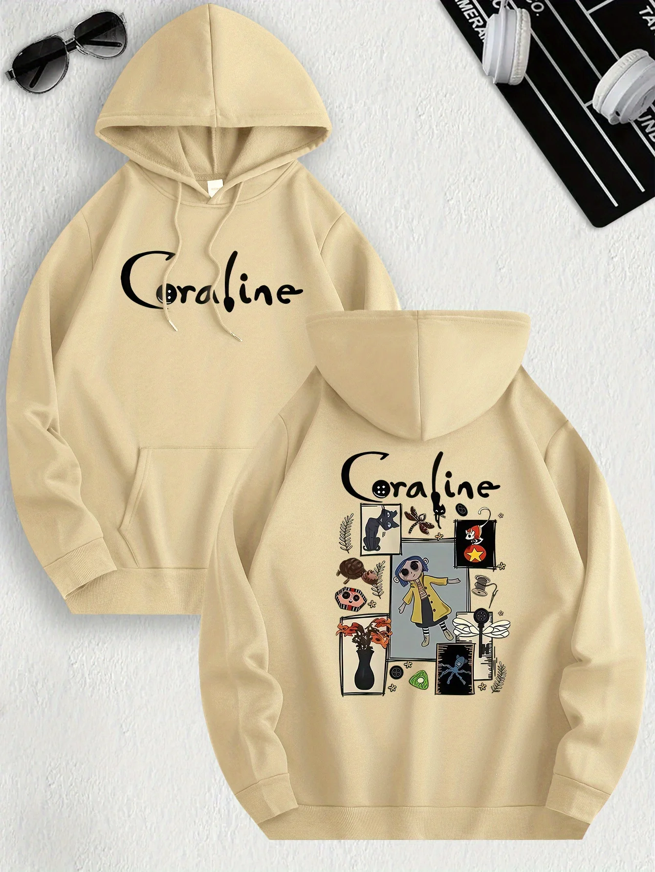 Moletom casual inspirado em Coraline para mulheres, tecido de malha de poliéster, manga comprida, ajuste regular, pulôver com capuz e leve elasticidade