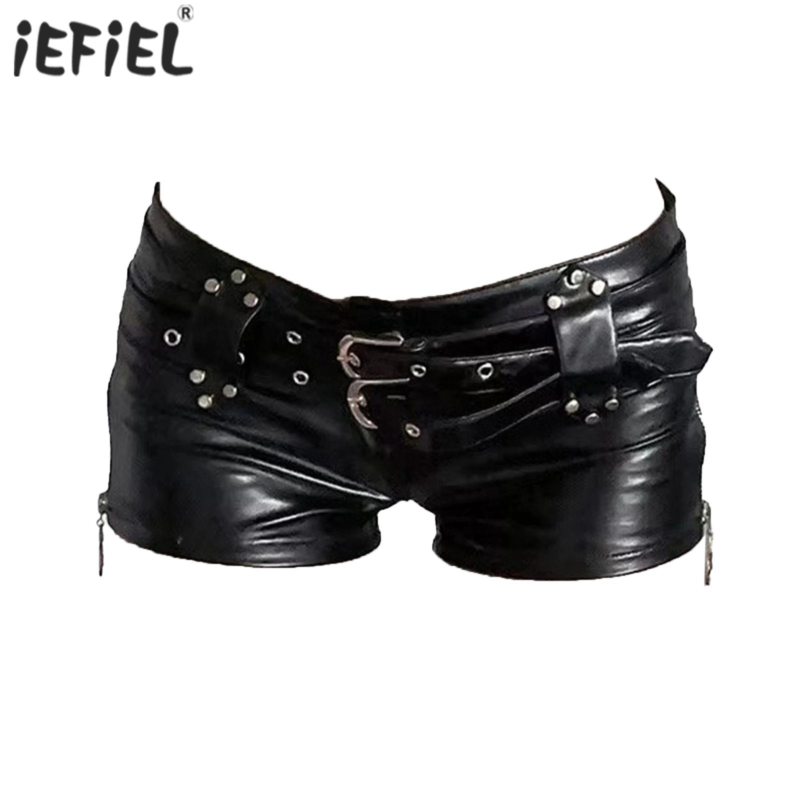 Damen-Shorts, modische PU-Leder-Hotpants, niedrige Leibhöhe, Booty-Shorts mit verstellbaren Doppelgürteln, Nachtclub, Festival, Raves, Party