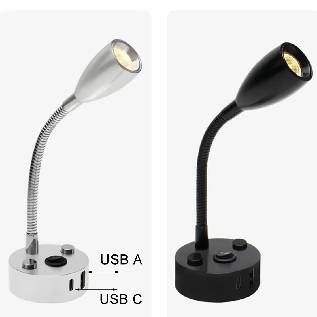 Gooseneck 12V RV Reading Light with USB Type C Quick Charger Flexible 24 Volt Light for Boat Camper Van Trailer Interior Lights