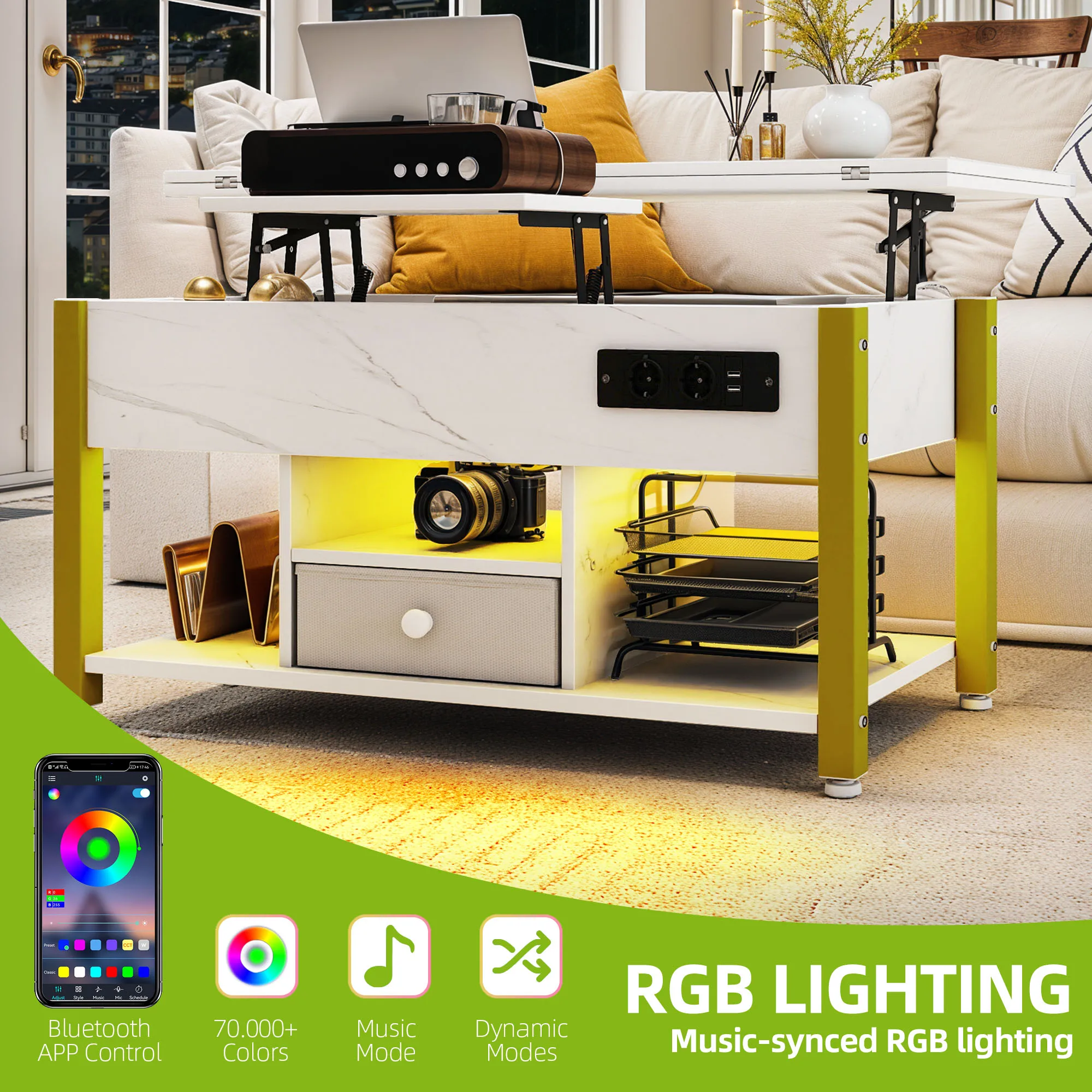 YITAHOME Table basse 4 en 1 en marbre blanc – Hauteur réglable, convertit en table à manger avec rangement et éclairage LED