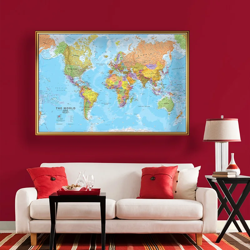 Mapa del mundo de 150x100cm, póster de pared detallado, lienzo impreso transparente, pintura decorativa, cuadro colgante, suministros escolares para el hogar y la Oficina