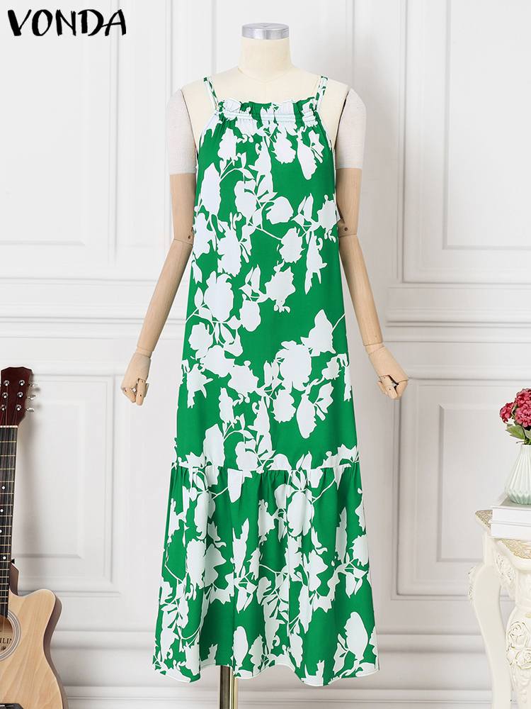 VONDA-女性のボヘミアンドレス,ラージサイズ,ノースリーブ,ヴィンテージプリント,マキシ,ロングサマードレス,セクシーなストラップ,カジュアル,ルーズ,フリル,ビーチウェア