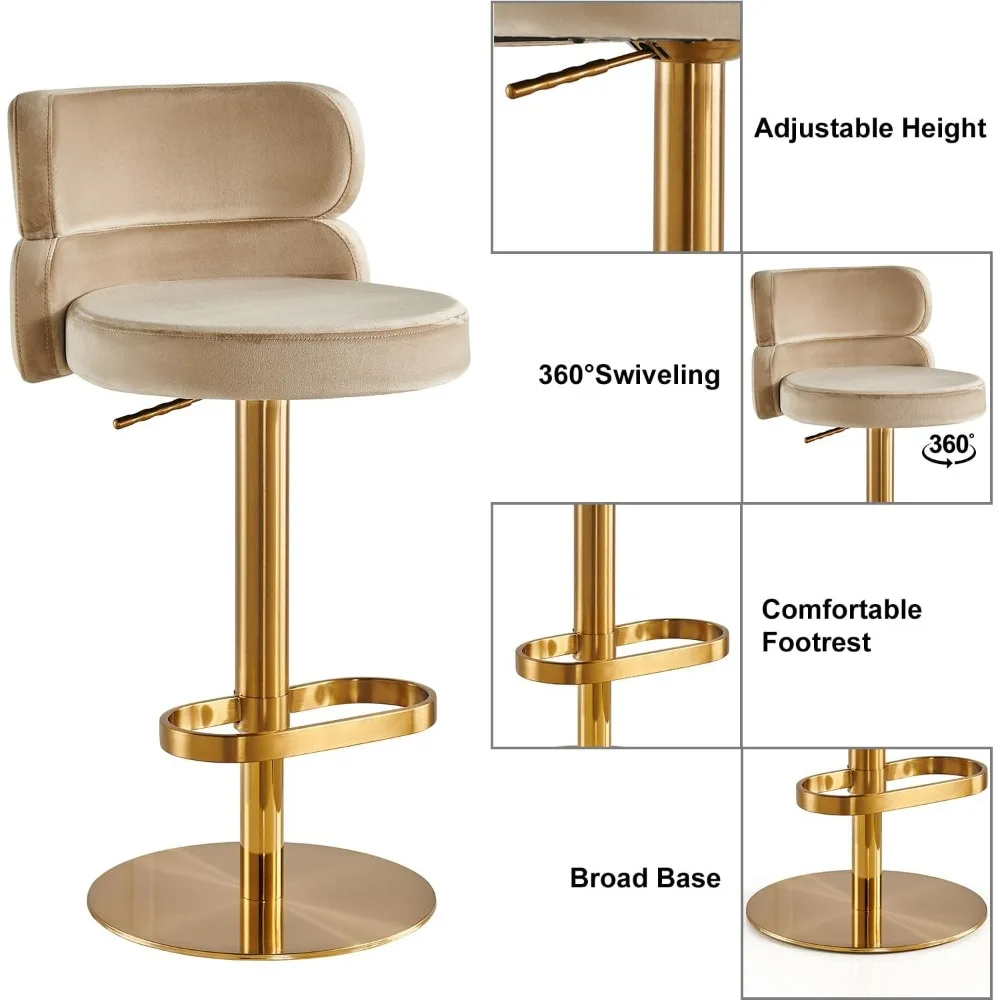 Velvet Bar Stools Modern Swivel Adjustable Height Kitchen Counter Bar Stools with Footrest for Living Room Dining Room