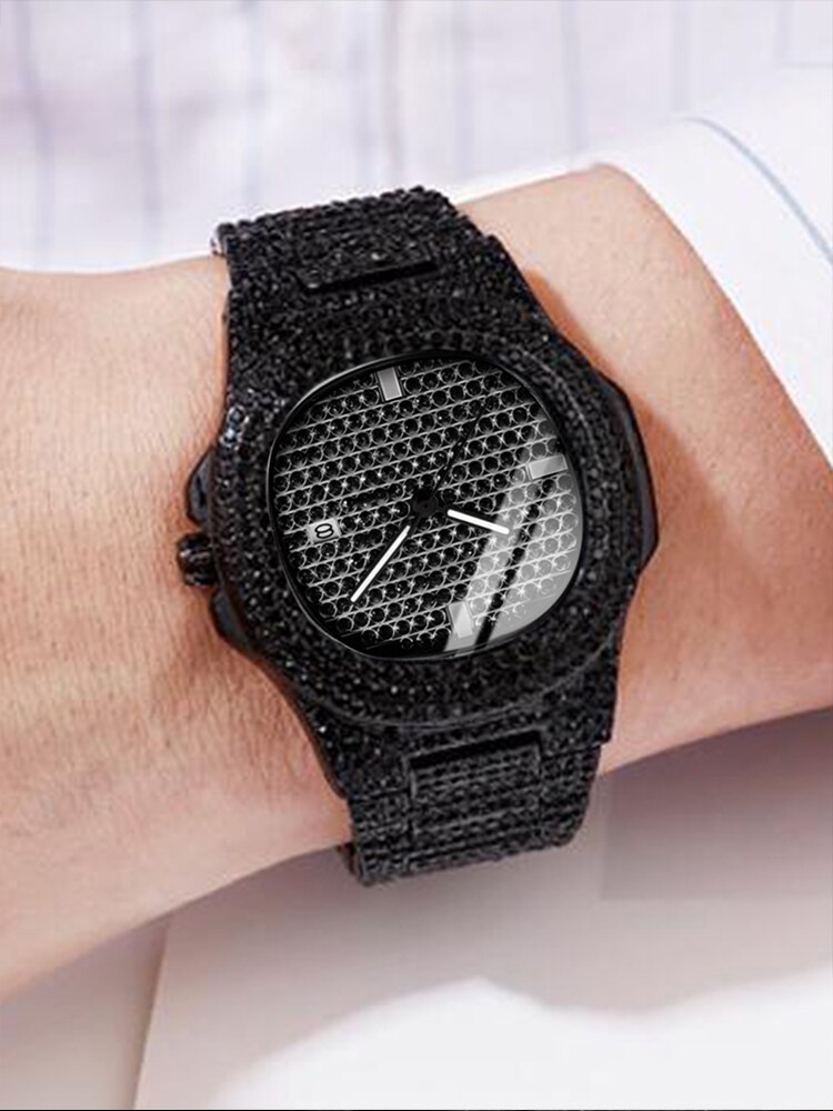 1pcs Moda Calendário de Negócios dos homens Full Diamond Black Steel Banda Quartz Watch