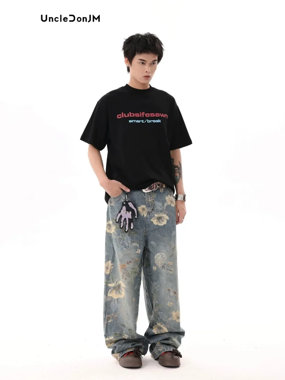 UNCLEDONJM 남녀공용 플로럴 프린트 청바지, Y2k 스트리트웨어 바지