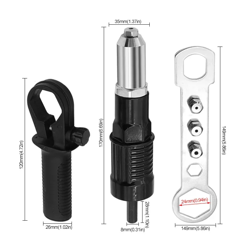Adaptador de pistola de rebitagem elétrica 2.4mm-4.8mm porca de rebite arma broca bico conector de conversão sem fio ferramentas elétricas
