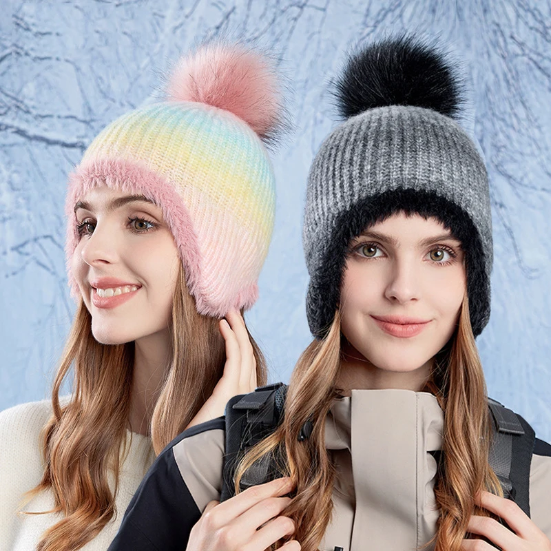 Winter-Plüschmütze für Damen, Farbverlauf, modisches Design für Mädchen, gemütliche Strickmütze, warmer Gehörschutz für Outdoor-Sportarten