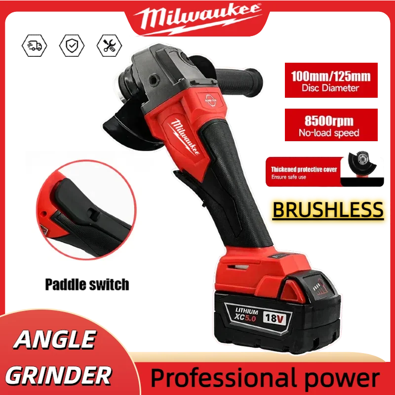 Milwaukee Brushless Angle Grinder 125mm Cutting Polishing Grinding Machine Variable Speed Power Tools For Milwaukee 18V Battery