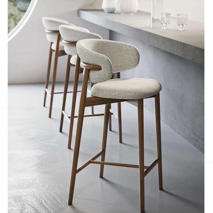Nordic bar Furniture Modern Solid Wood Frame High bar Stool Withe Linen Fabric bar Stools Chair with Curved Backrest for Kitchen