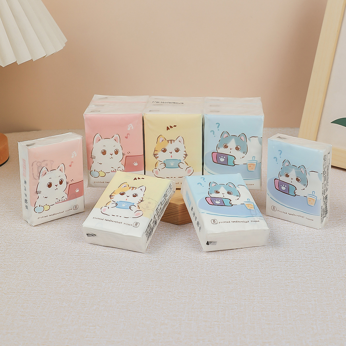 9pcs/pack Fashionable Lucky Cat Handkerchief Paper Student Portable Small Pack Cartoon Printed Hand Tissue For Daily Cleaning