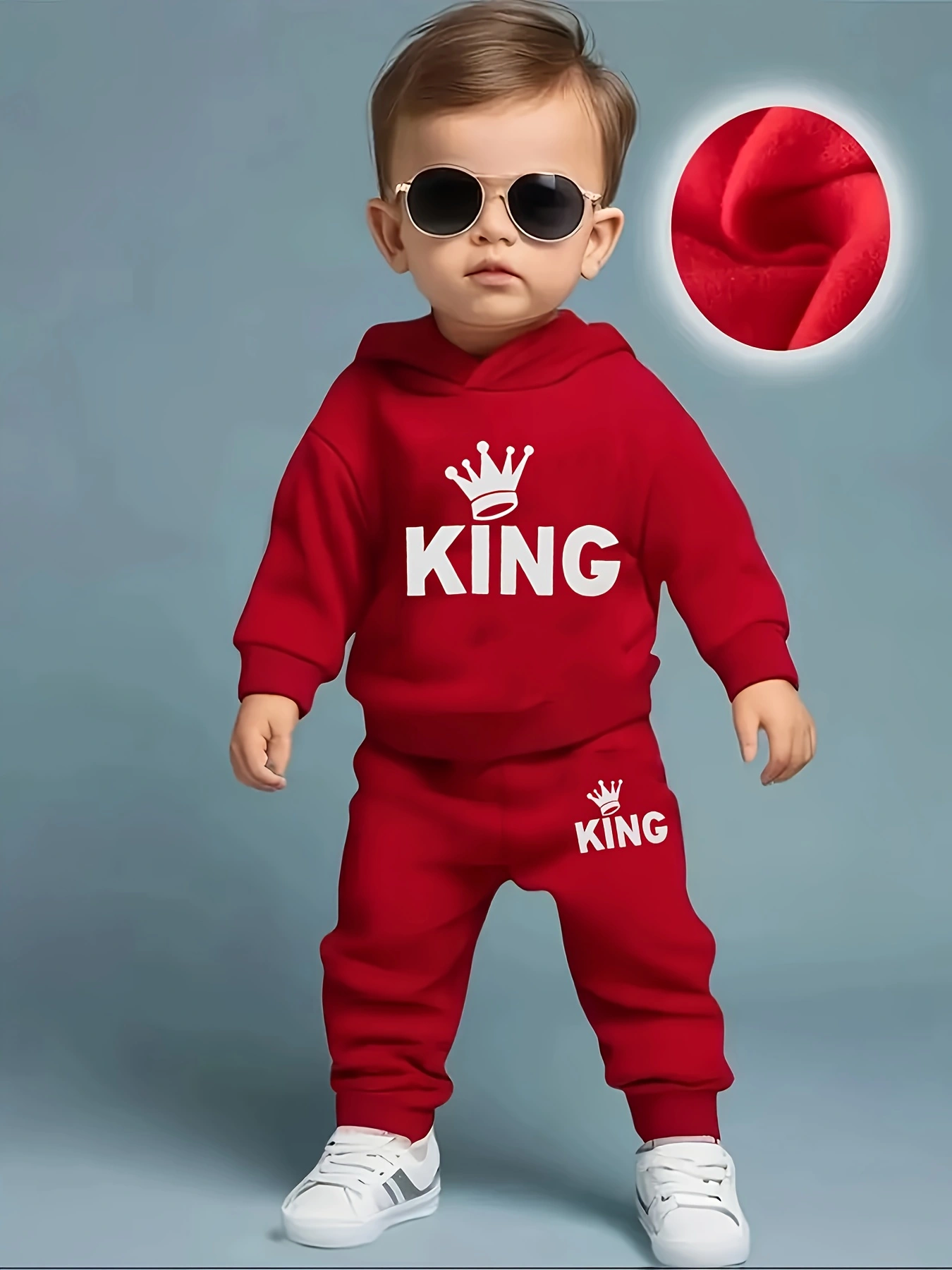 Bebé Niño KING Corona Patrón Sudadera con capucha de lana + Pantalones casuales Conjunto de dos piezas Ropa deportiva de primavera y otoño