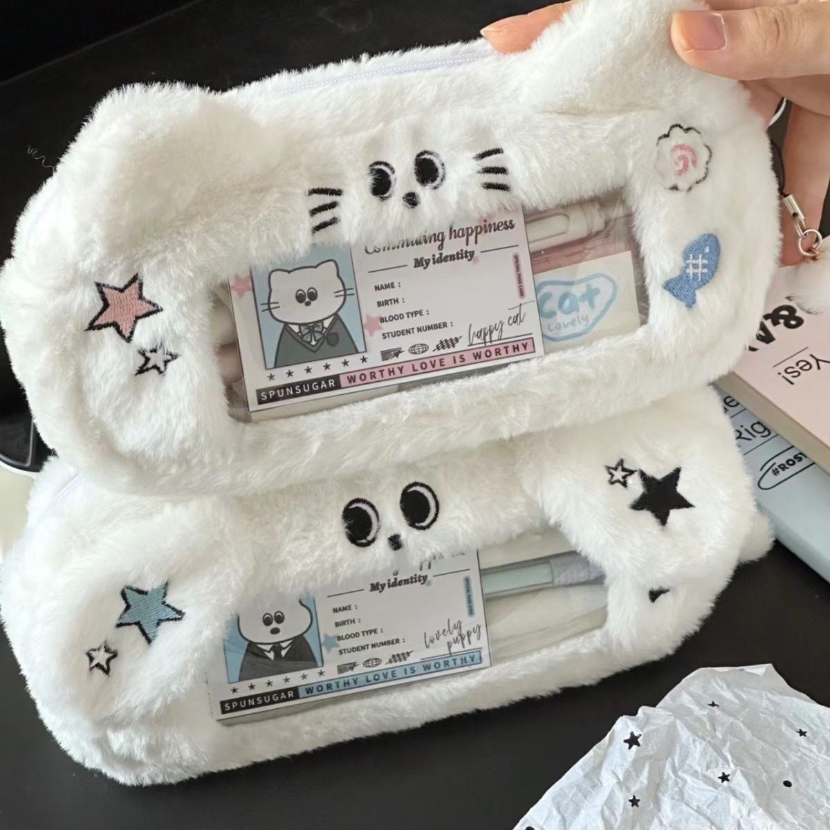 Estojo de caneta de grande capacidade, fofo, pelúcia, formato de gato, bolsa de lápis com janela visual, criativo, kawaii, bolsa de lápis para escritório, escola