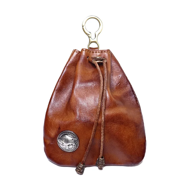 Tas kunci mini vintage wanita dari kulit sapi lapisan pertama yang diolah dengan bahan nabati, tas kartu, dompet koin, tas penyimpanan.