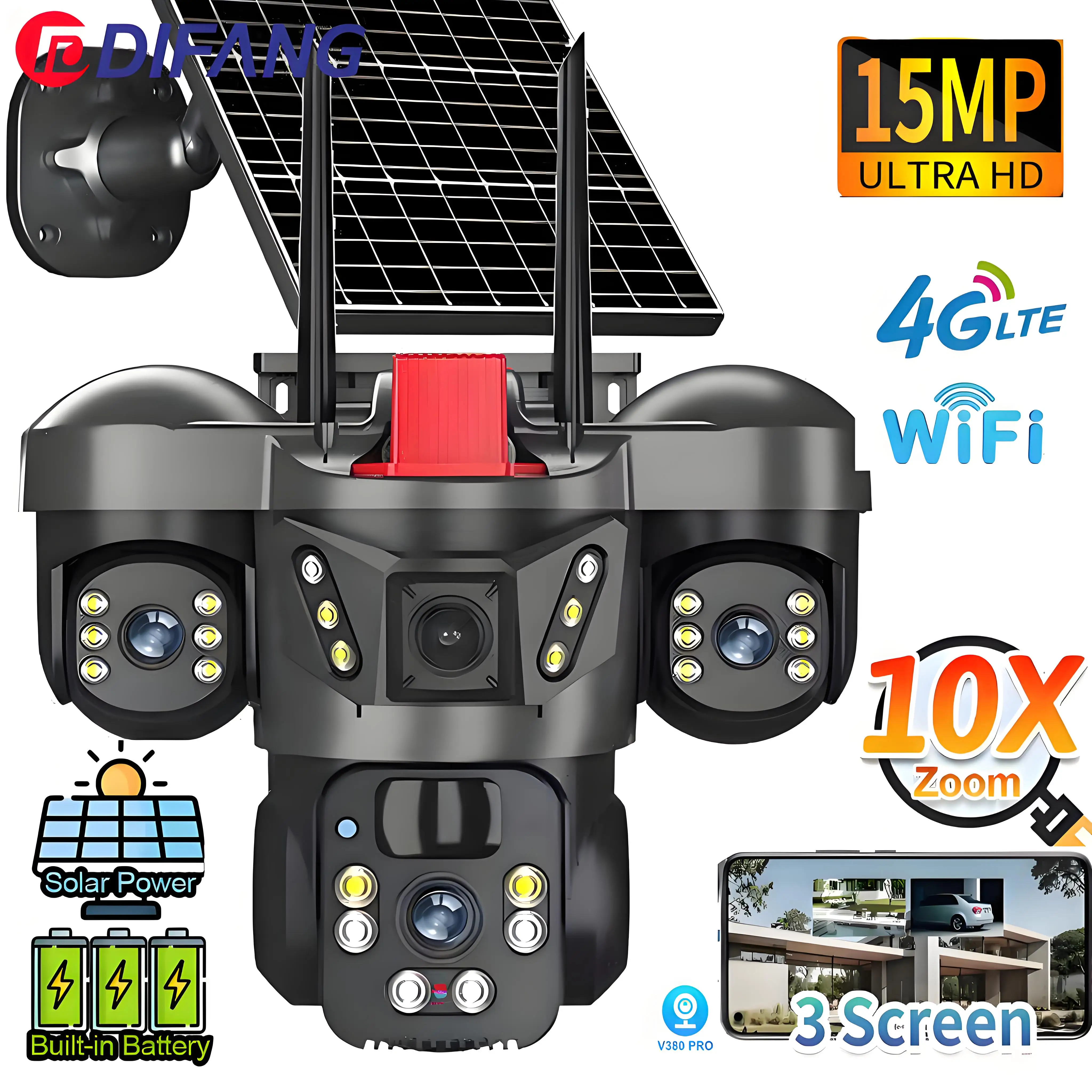 Cámara Solar inalámbrica WiFi de 8K y 15MP, tres lentes, tres pantallas, tarjeta Sim 4G, cámara Solar, detección humana, vigilancia Solar al aire libre V380