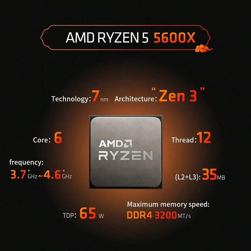 AMD Ryzen5 5600X 6 núcleos 12 hilos 32 MB L3 Cache AM4 PCIe ®     CPU para juegos de escritorio 4.0 DDR4 Ryzen 5000 Series 65W
