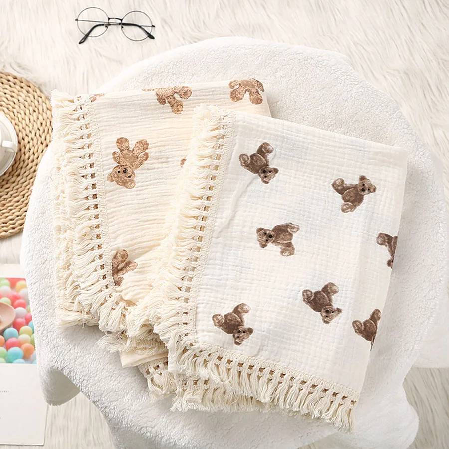 หมีน่ารัก Muslin Squares ผ้าฝ้ายผ้าห่มเด็กสําหรับทารกแรกเกิดลายสก๊อตทารก Swaddle ผ้าห่มทารกอุปกรณ์เสริมเตียงผ้าพันคอฤดูร้อน