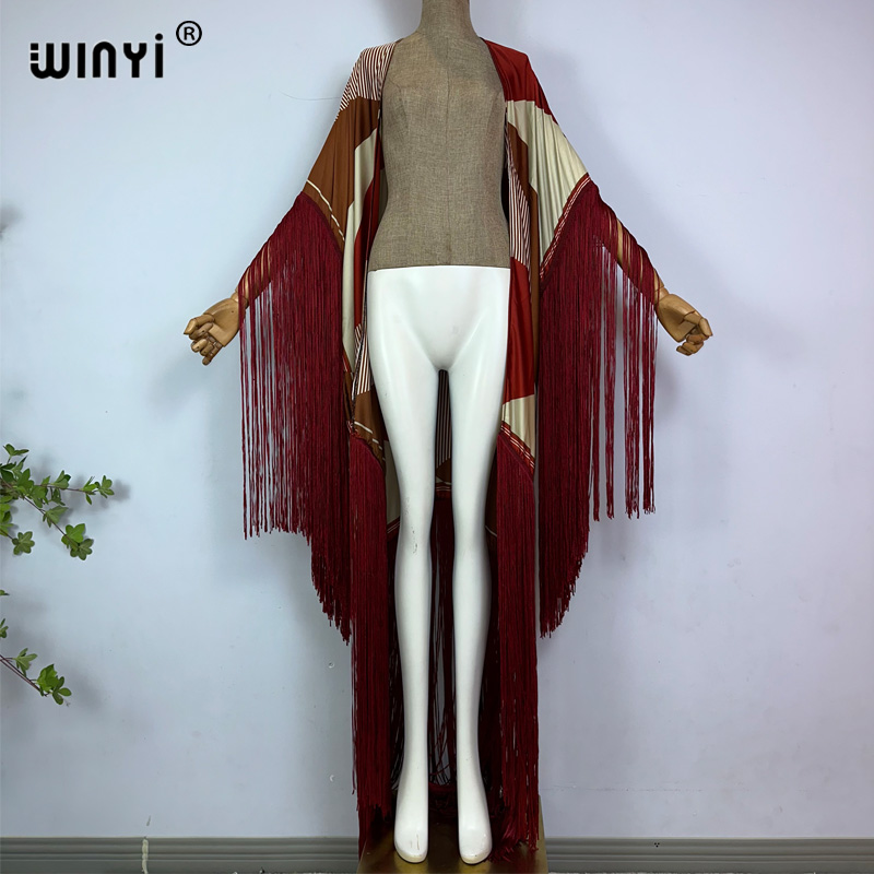 Winyi Kimono Vertuschungen Sommer Boho Print Bikini Vertuschung elegante Mode Strickjacke sexy Urlaub Langarm Quasten Maxi kleid