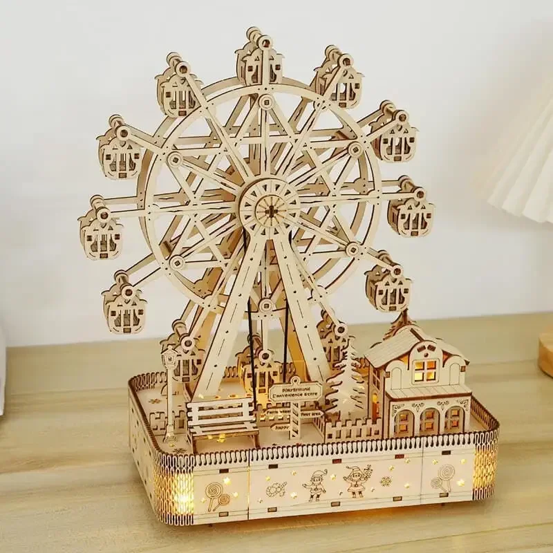 Ferris ล้อเพลงกล่องรุ่น LED Light 3D ปริศนาไม้ DIY Assembly Building ชุดงานฝีมือตกแต่งบ้านผู้ใหญ่เด็กของขวัญ