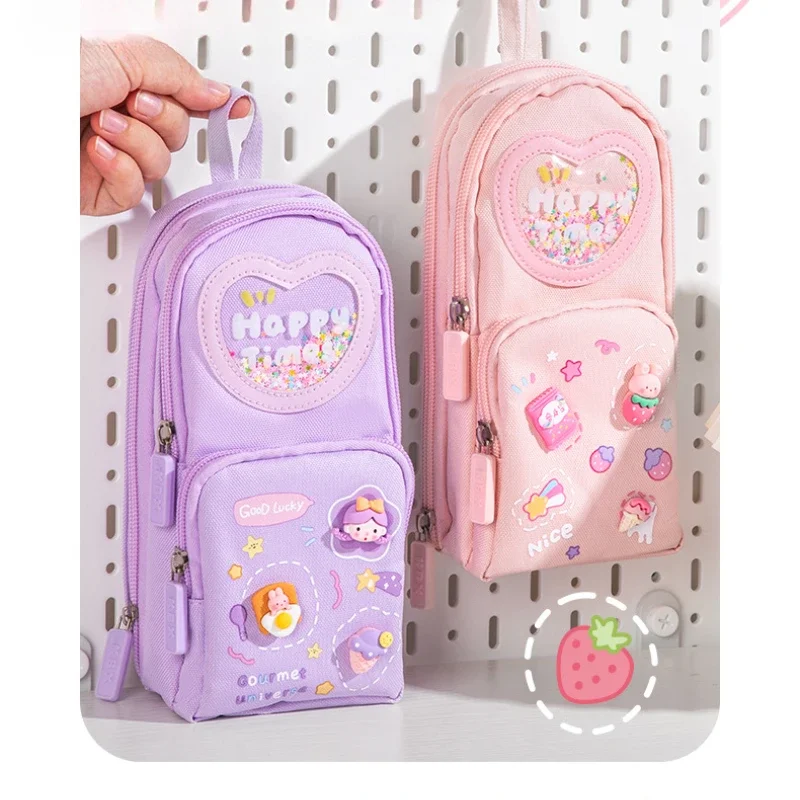 Handheld Backpack Pencil Case Cute Cartoon Dirt Resistant Canvas Three-layer Large Capacity Stationery Bag Storage Bag