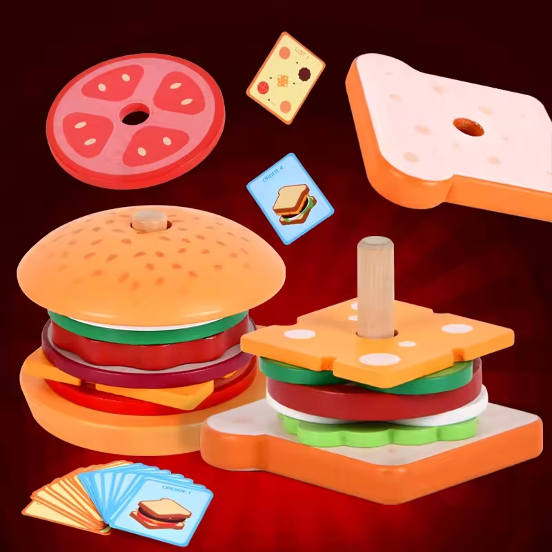 Jouets de cuisine en bois pour enfants, Simulation de Sandwich à Hamburger, jeux assortis de nourriture, jouet éducatif à empiler Montessori