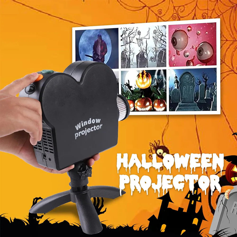 Projektor okienny na Halloween i Boże Narodzenie ze statywem, wbudowane 12 filmów, mini projektor świąteczny na zewnątrz do dekoracji.