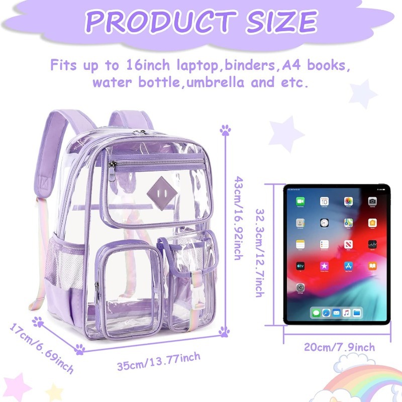 Clear Backpack for Girls, Fashion PVC Transparent Bookbag for Kids & Teens Waterproof Large Capacity Elementary School Backpack